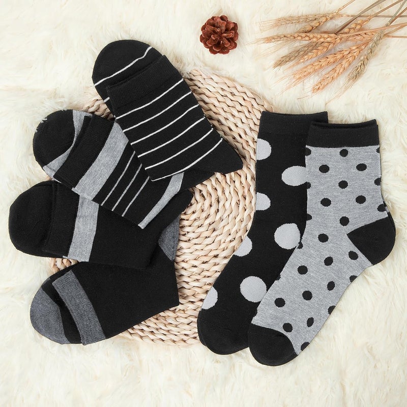 Socksfad Store 6 Pairs Cotton Crew Socks for Women, Breathable Novelty Funny Striped Dot Casual Cute Calf Socks Size 6-12 - Image 3